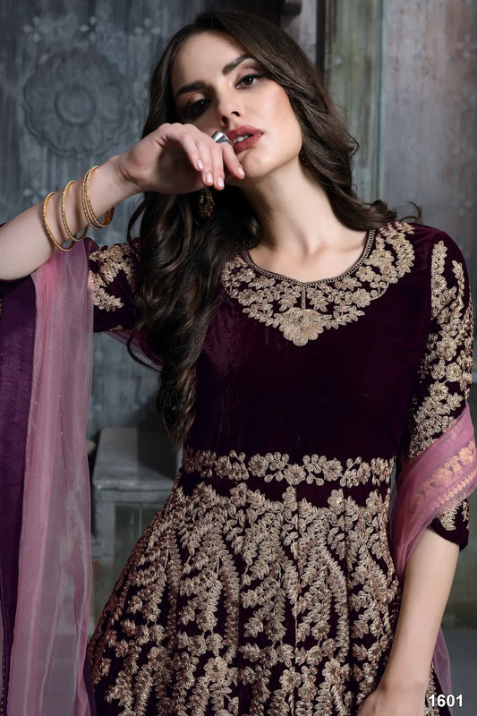 Wine Velvet Thread & Sequence Embroidery Work Gown