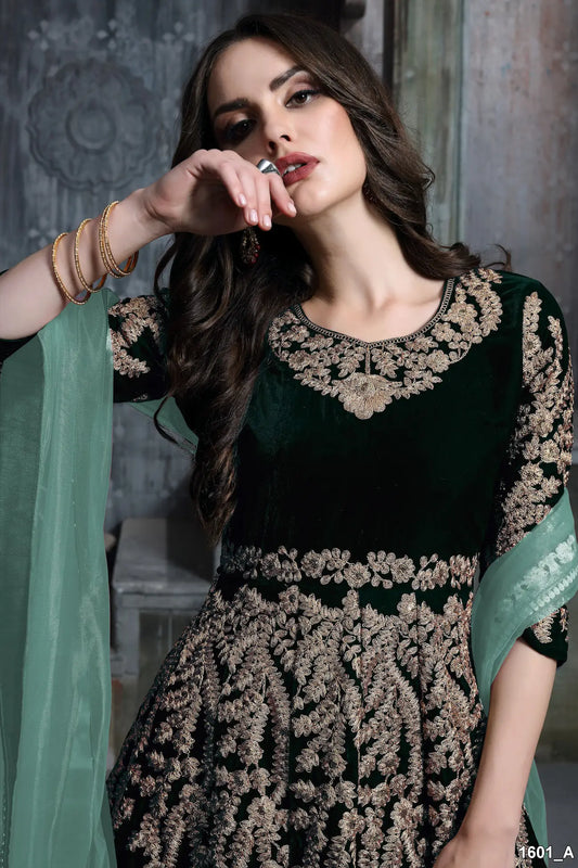 Green Velvet Thread & Sequence Embroidery Work Gown