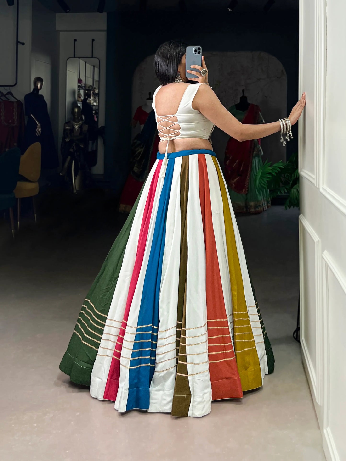 White Multicolor Rayon Lehenga Choli With Mirror & Gamthi Work