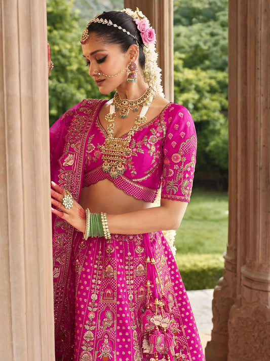 Hot Pink Bridal Lehenga Khatli Embroidery & 2 Dupatta