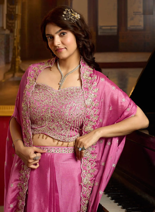 Rosy Pink Embroidery Indo Western Set