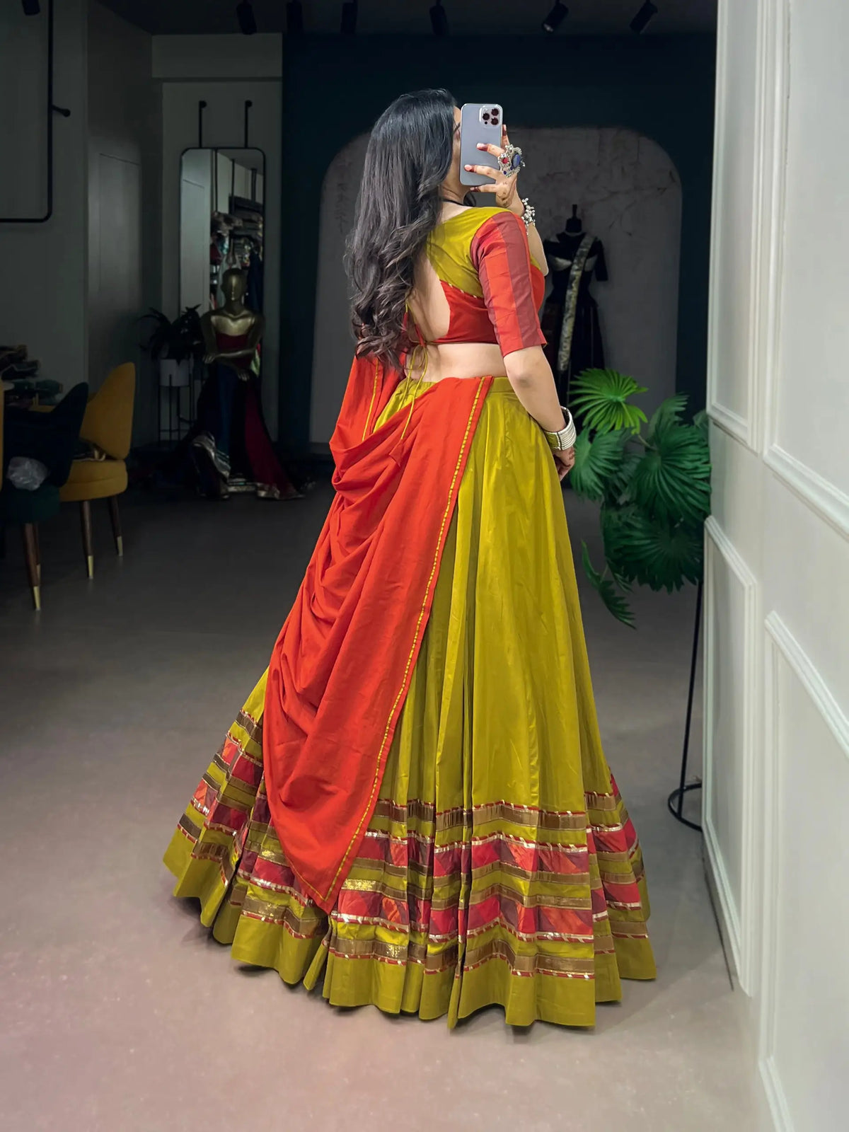 Olive Yellow Navratri Lehenga With Lace Touch Up