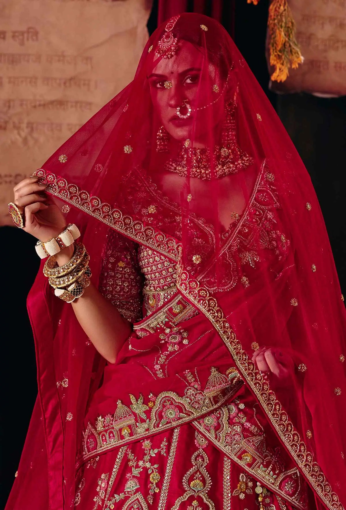 Red Heavy Bridal Lehenga Choli & 2 Dupatta