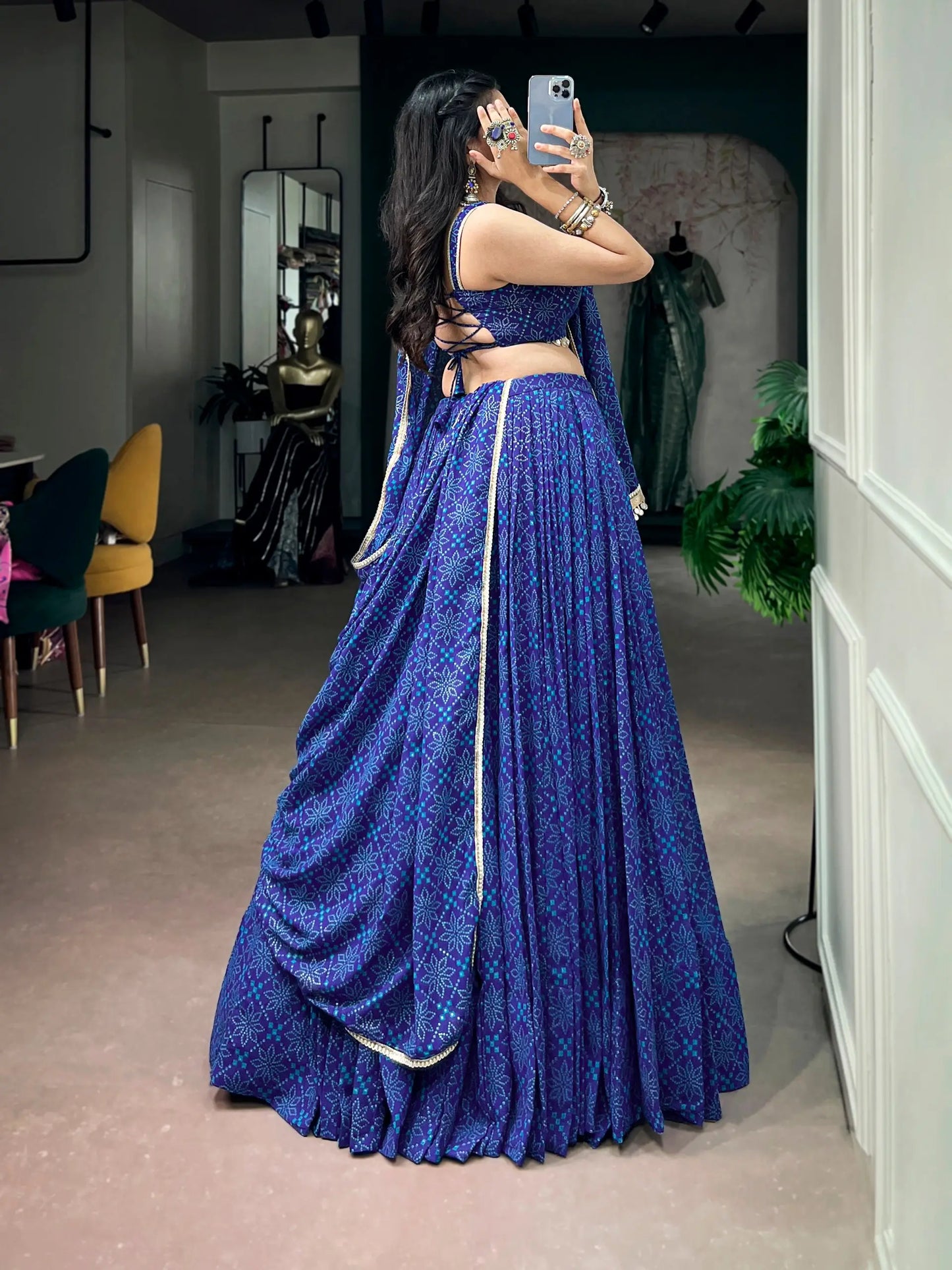 Royal Blue Navratri Lehenga With Bandhej Foil Print