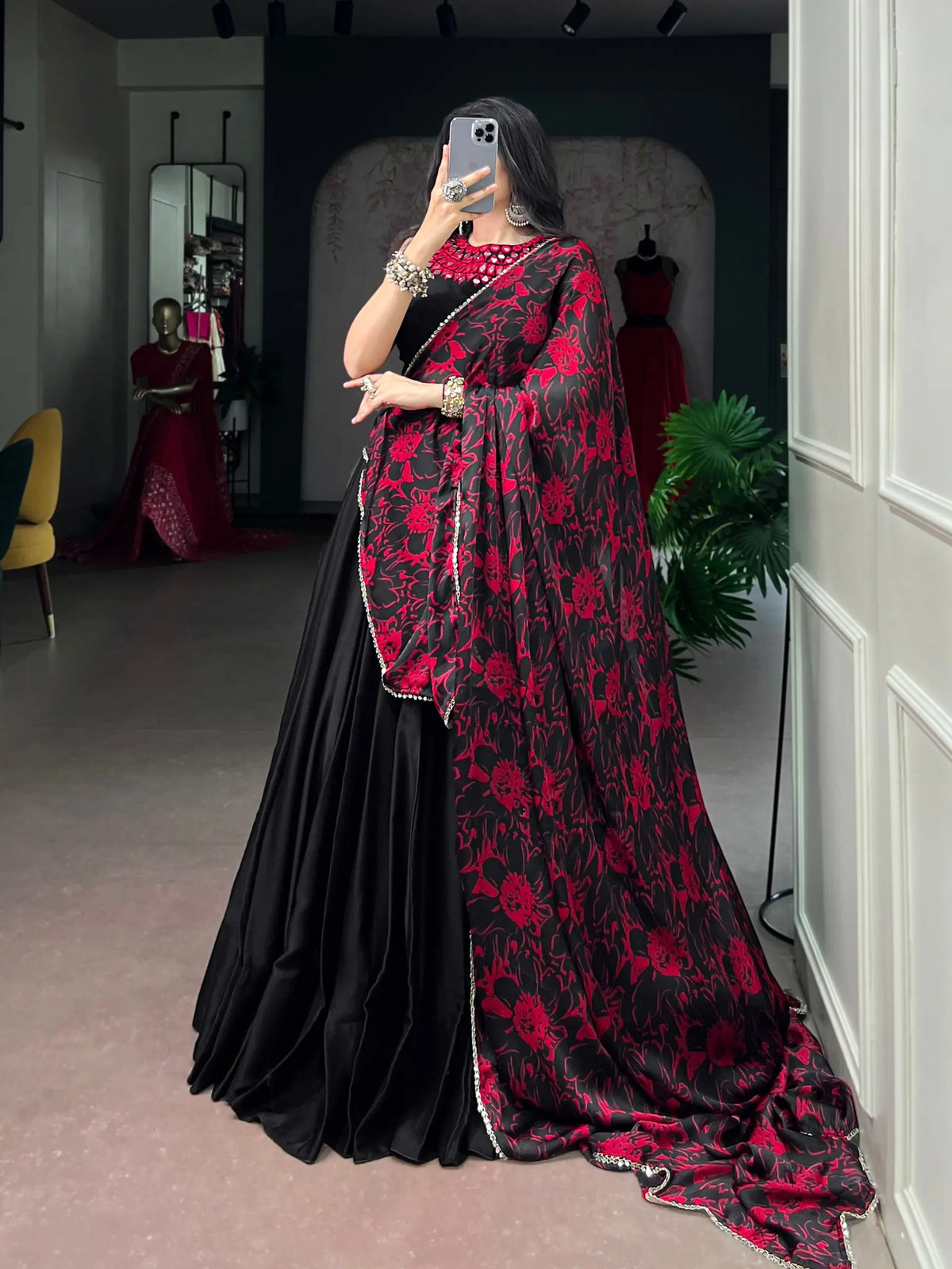 Black Mirror Work Garba Choli With Printed Dupatta