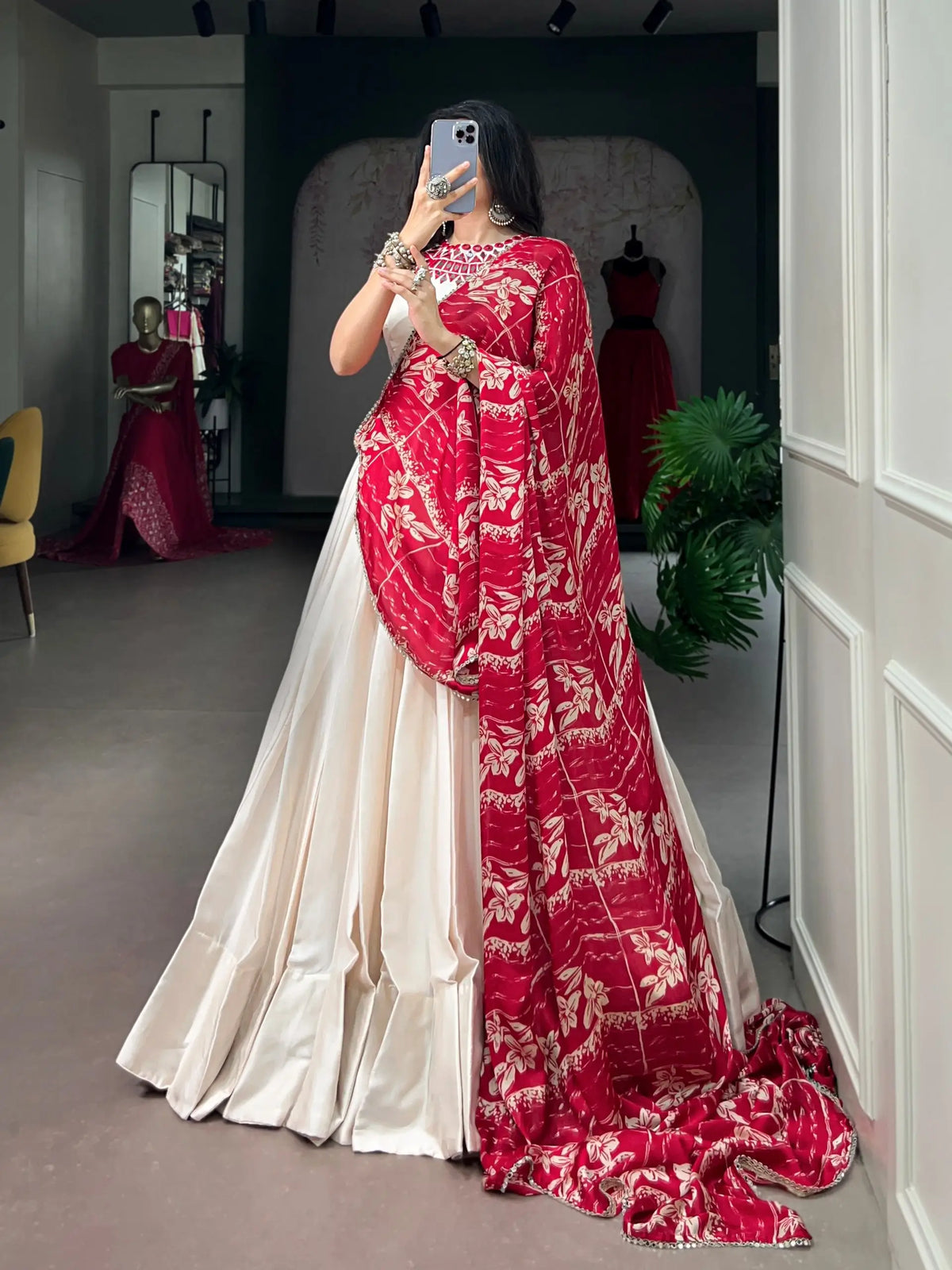 Off White Mirror Work Garba Choli With Printed Dupatta