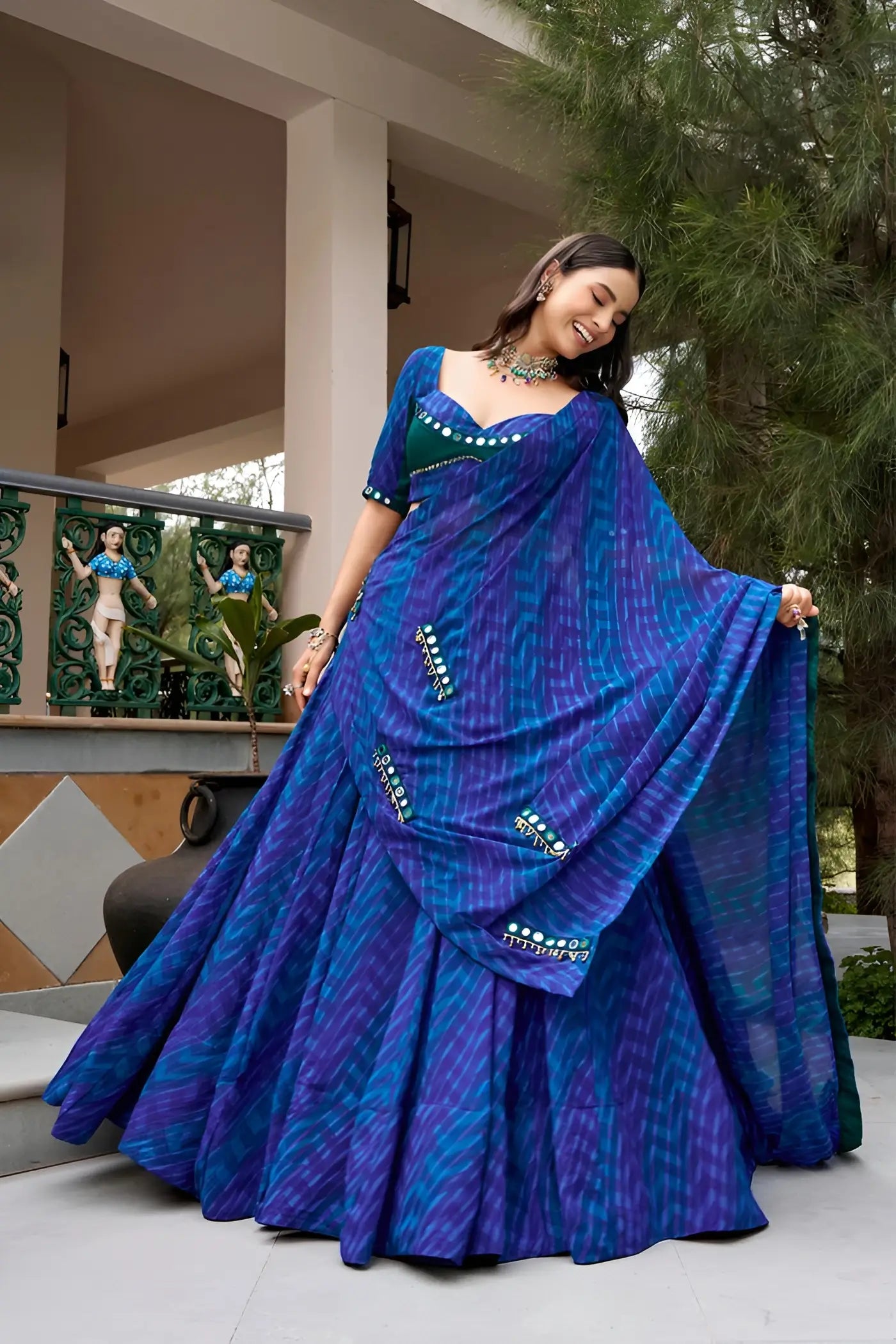 Blue Navratri Lehenga With Print & Mirror Work