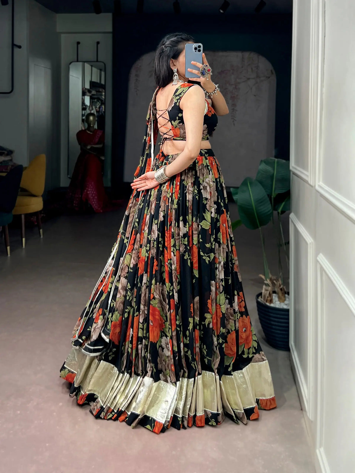 Black-Orange Floral Print Garba Chaniya Choli