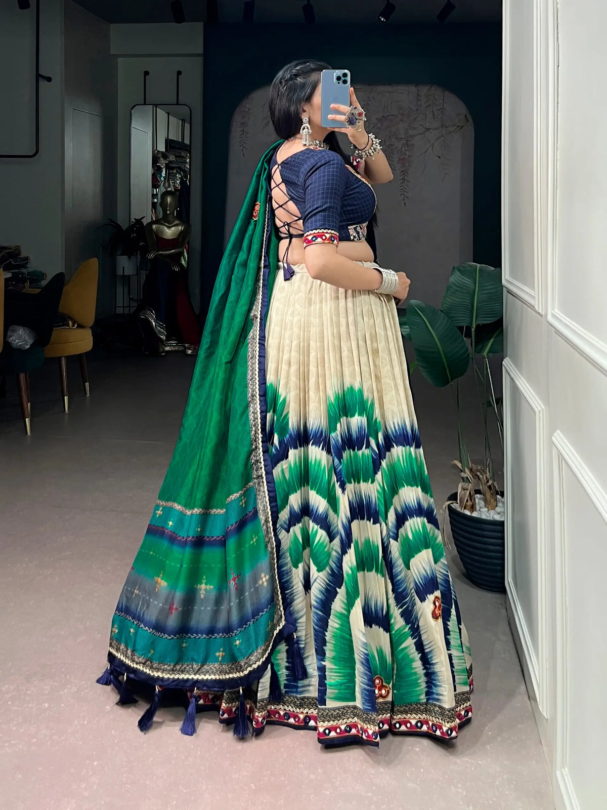 Blue Printed Navratri Chaniya Choli With Gamthi Work