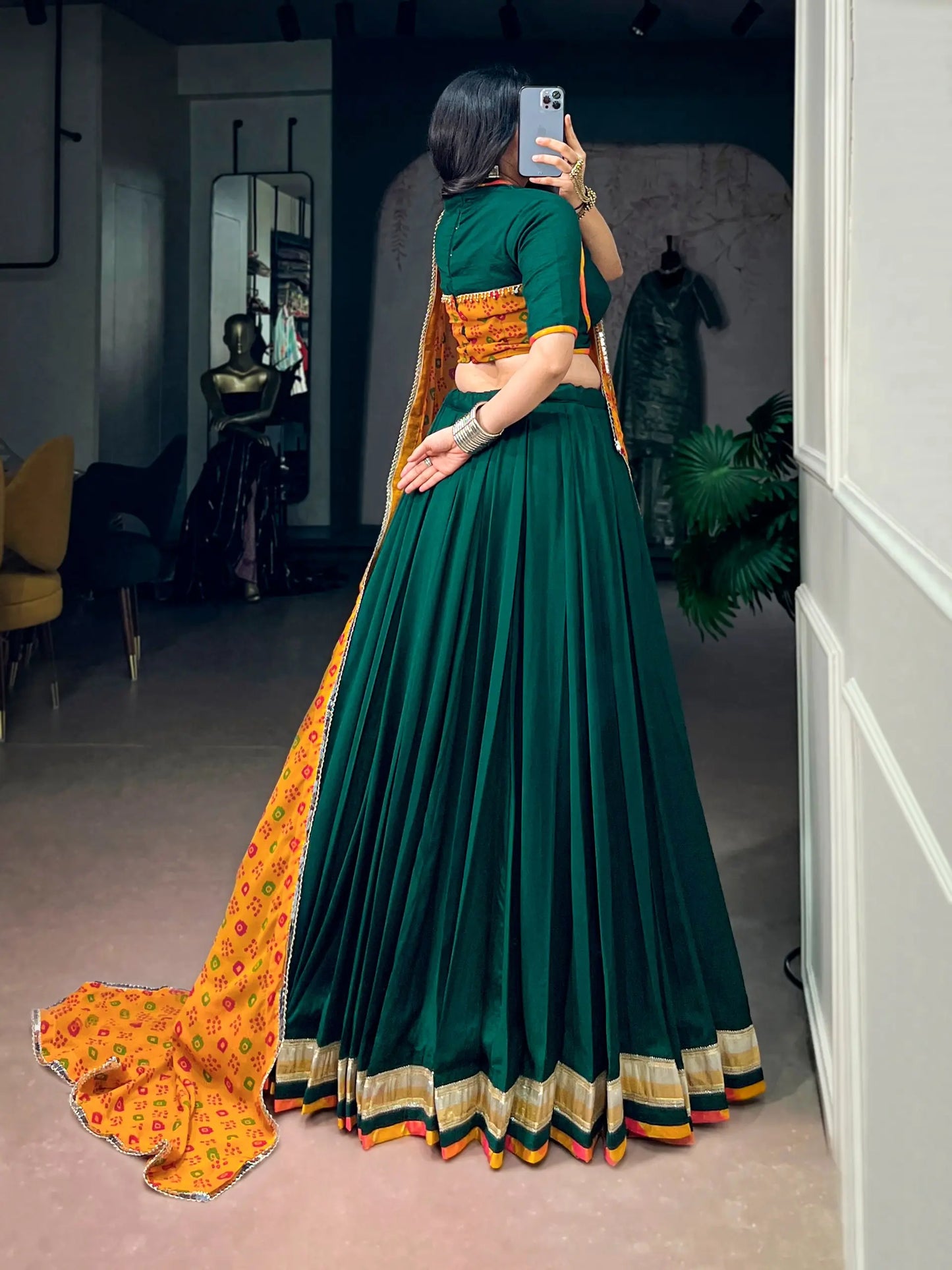Green Navratri Lehenga With Lace Touch Up