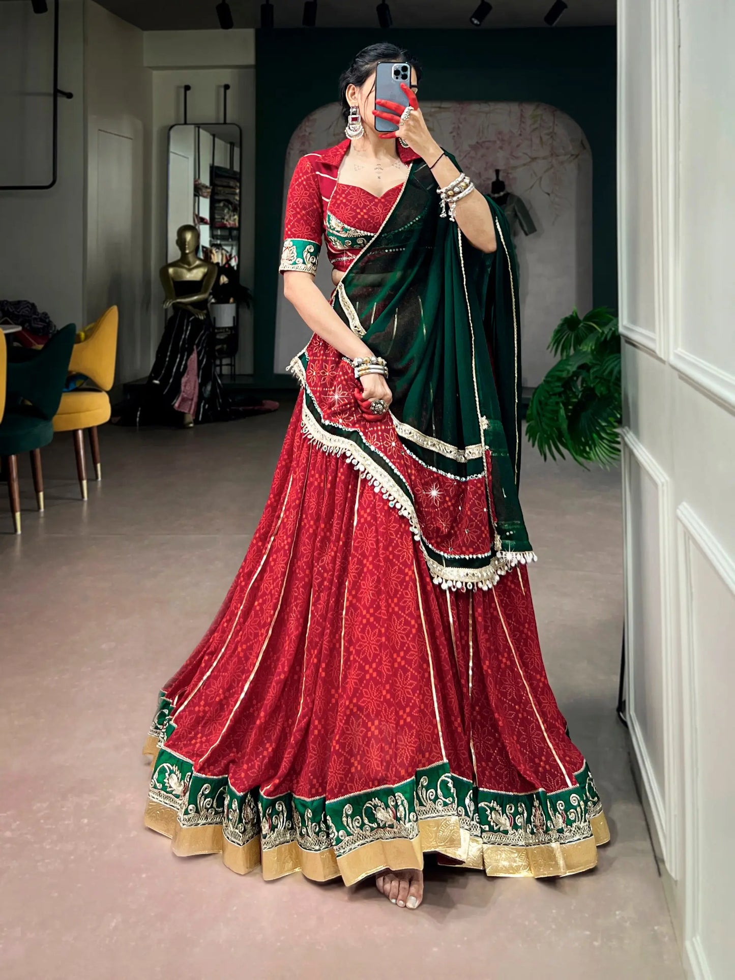 Red Navratri Lehenga With Print & Lace Touch Up
