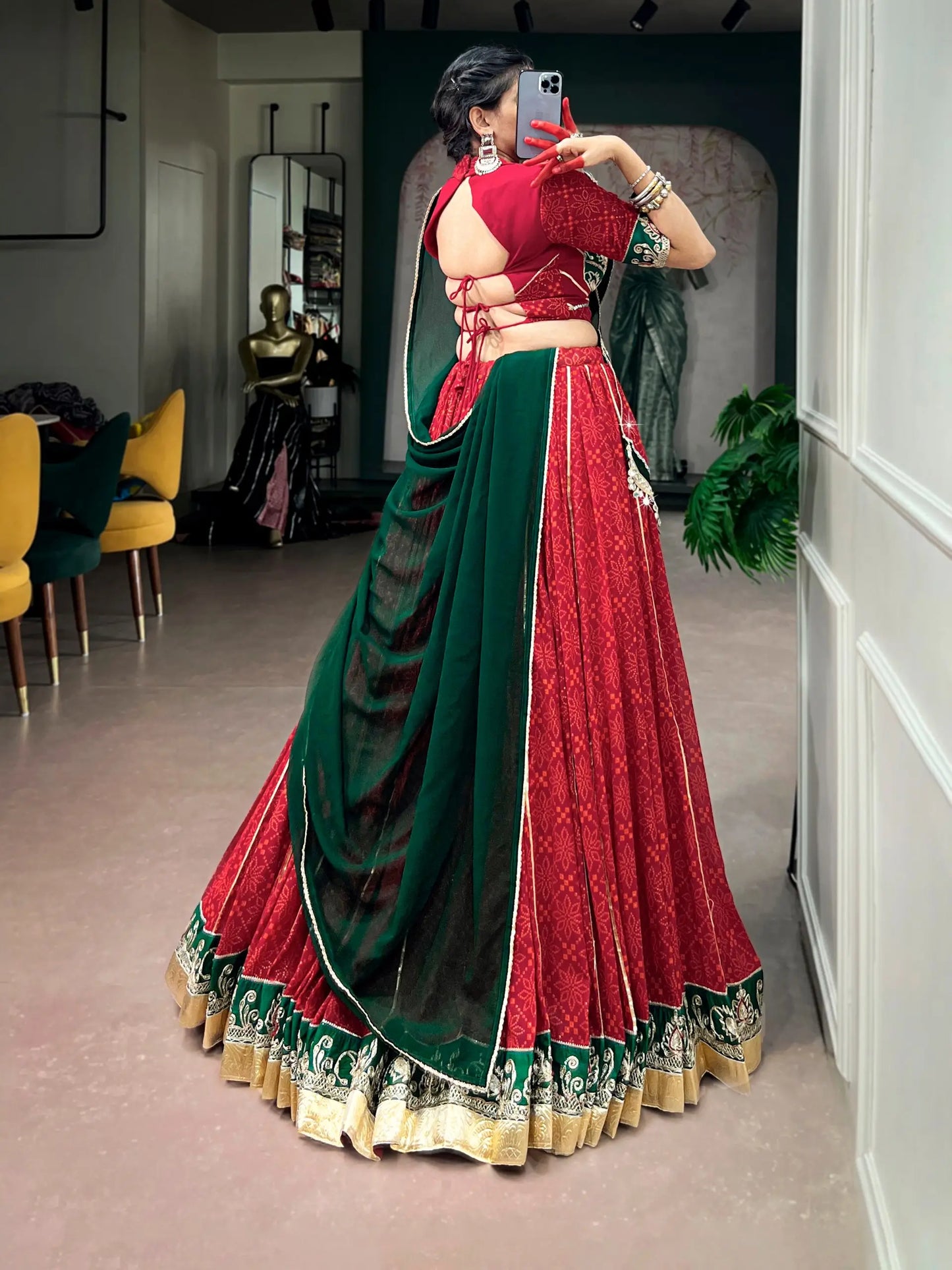 Red Navratri Lehenga With Print & Lace Touch Up