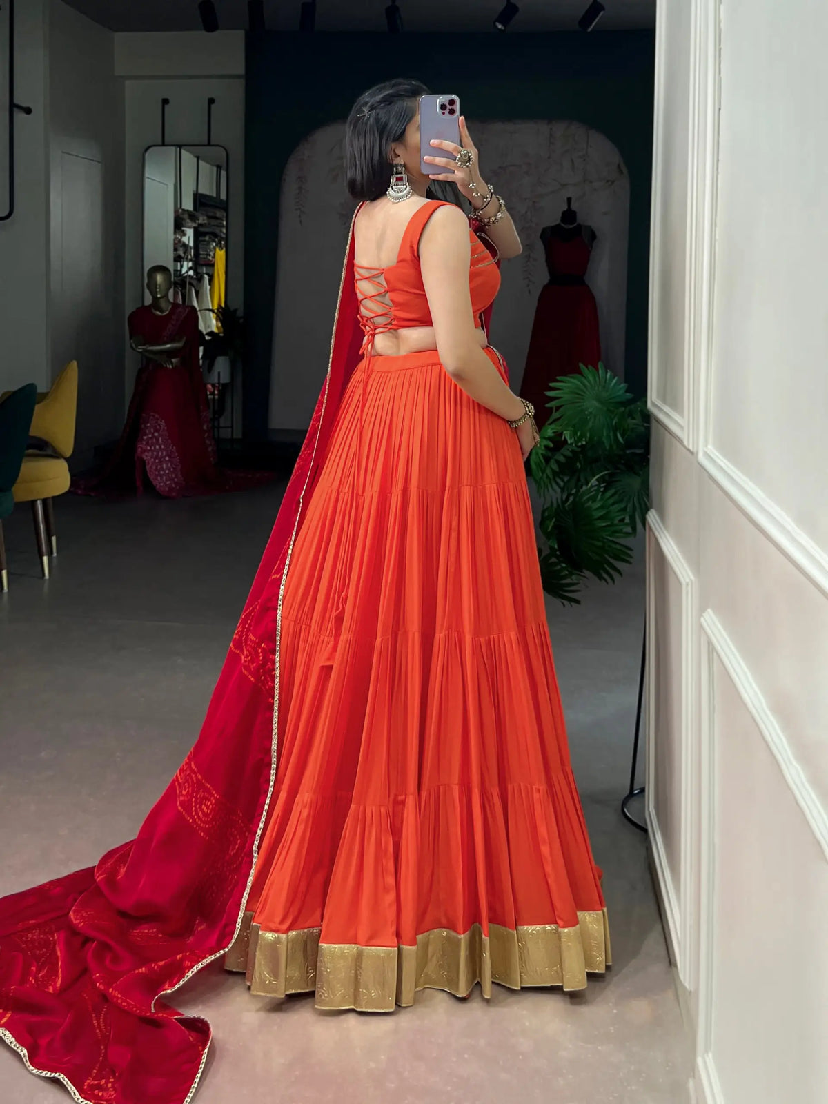 Orange Garba Chaniya Choli With Lace Touch Up