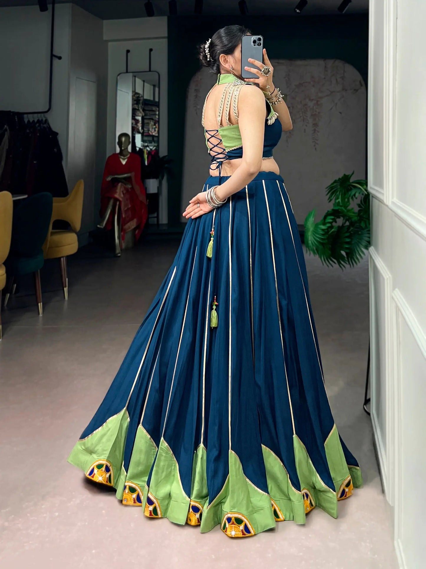Navy Blue Gamthi & Mirror Work Chaniya Choli