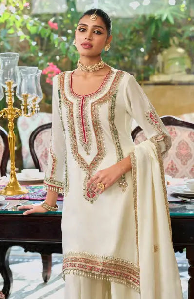 White Chinon Embroidered Salwar Suit