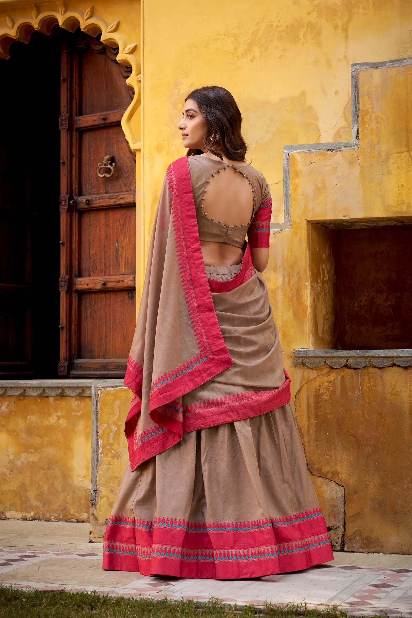 Dark Beige Chanderi Thread Work Lehenga Choli