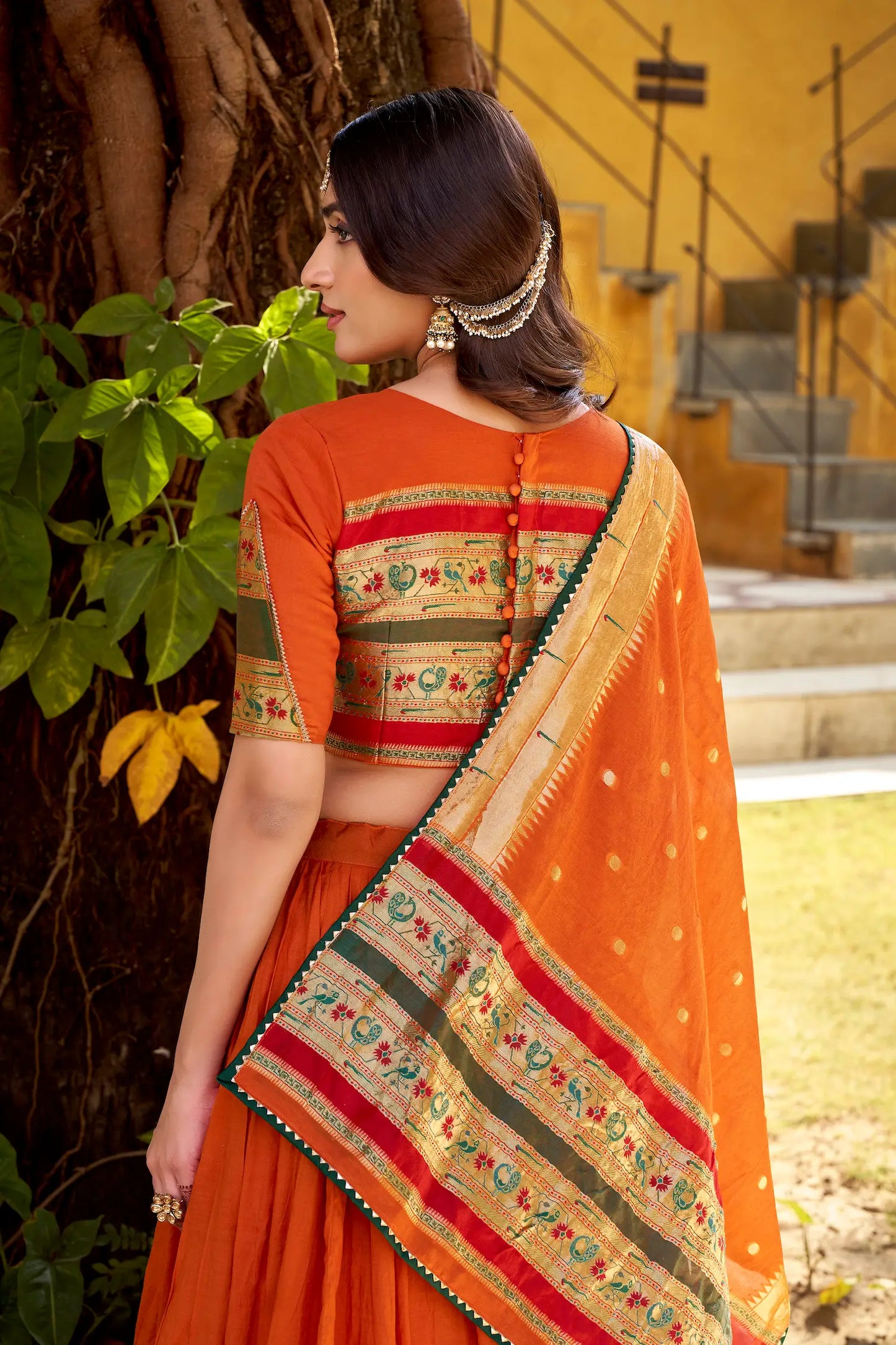 Bright Orange Chanderi Zari Weaving Lehenga choli