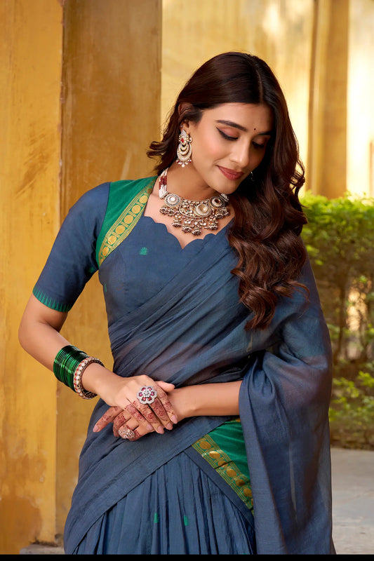 Navy Blue Blue Chanderi Zari Weaving Lehenga Choli