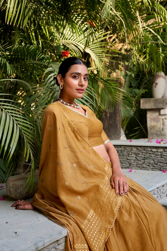 Light Mustard Chanderi Silk Zari Weaving Lehenga Choli