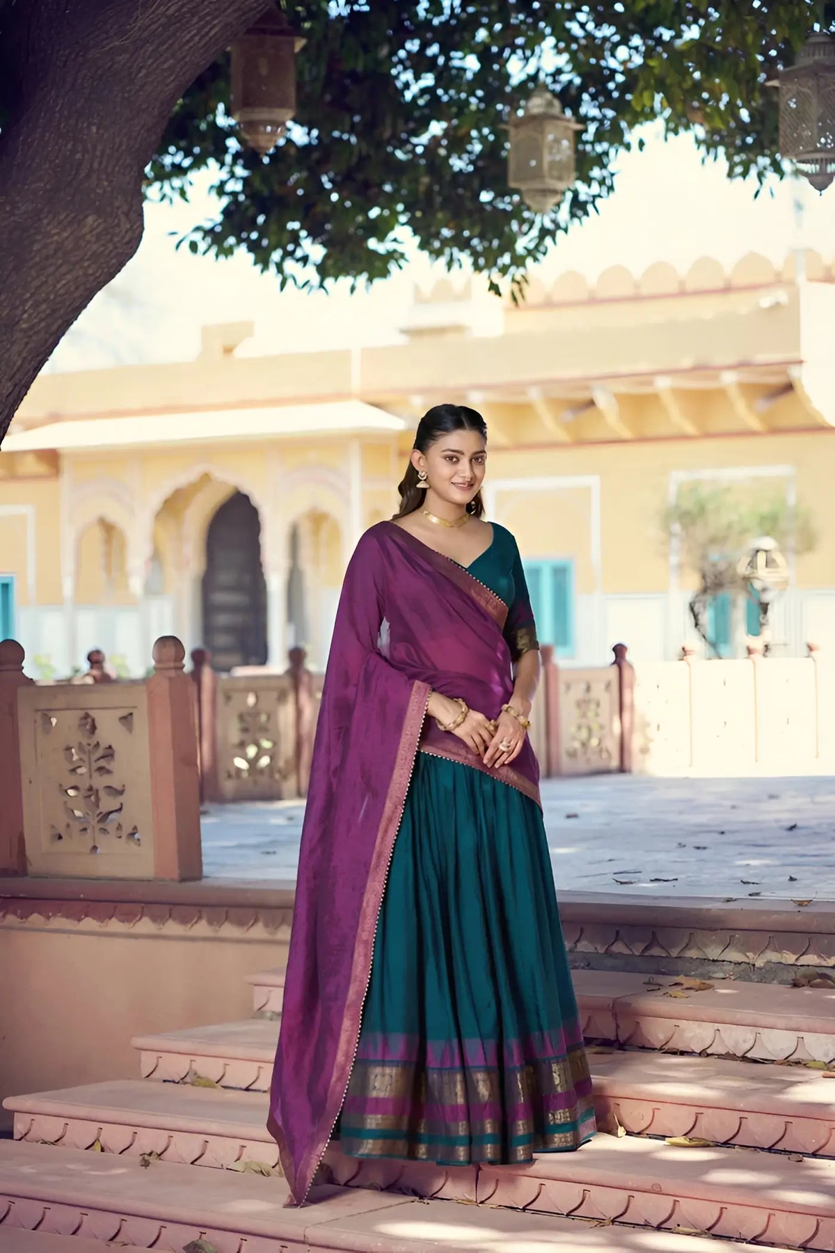 Dark Teal South Indian Half Saree Lehenga