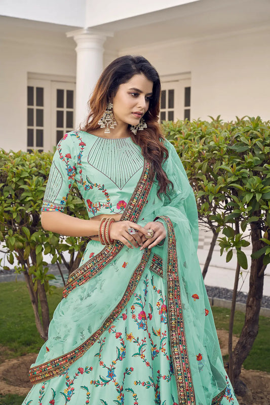 Green Silk Thread with Sequence Embroidery Work Lehenga Choli