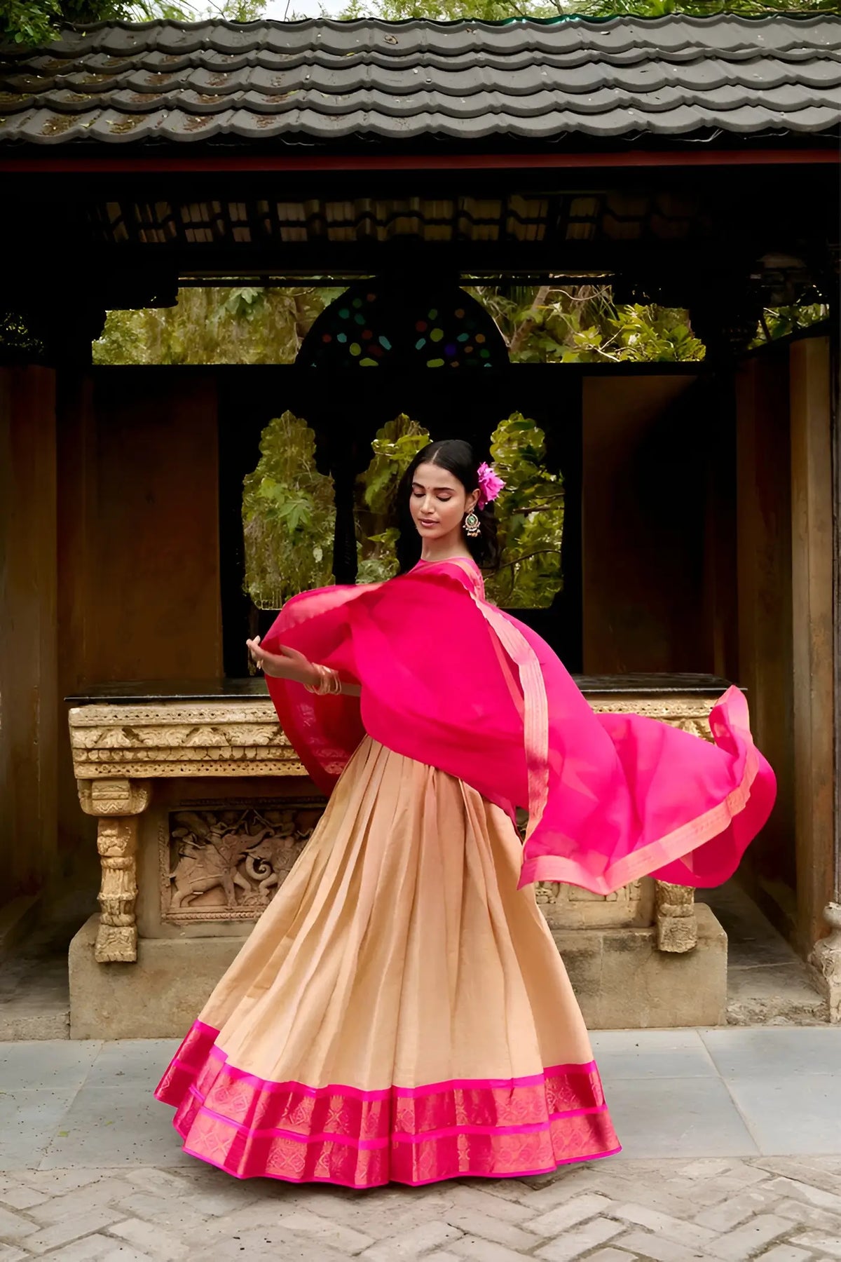 Light Beige Kanchipuram Half Saree Lehenga