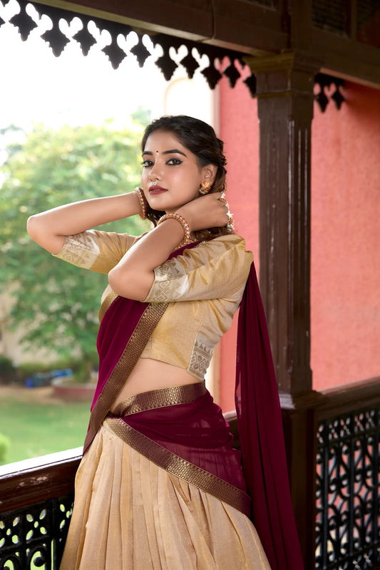 Beige Kanchipuram Zari Weaving Work Lehenga Choli