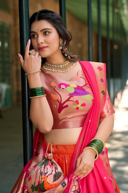 Orange Jacquard Silk Lehenga Choli With Zari Weaving Work