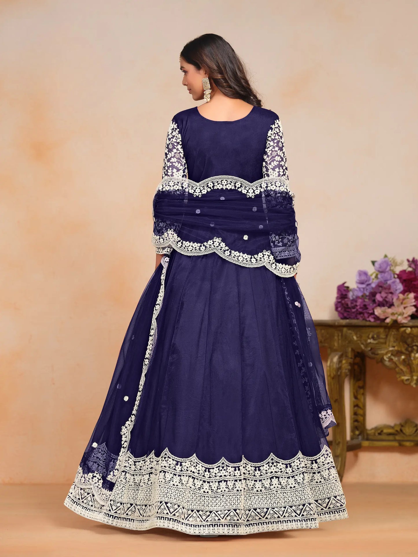 Navy Blue Net Gown With Sequence & Thread Embroidery Work