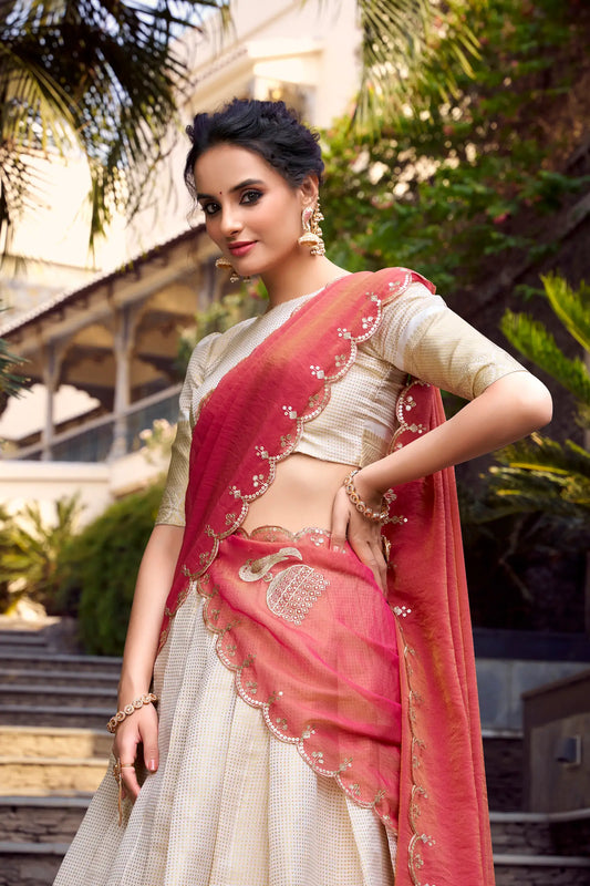Beige Jacquard Chex Lehenga Choli With Zari Weaving Work & Sequins Embroidery