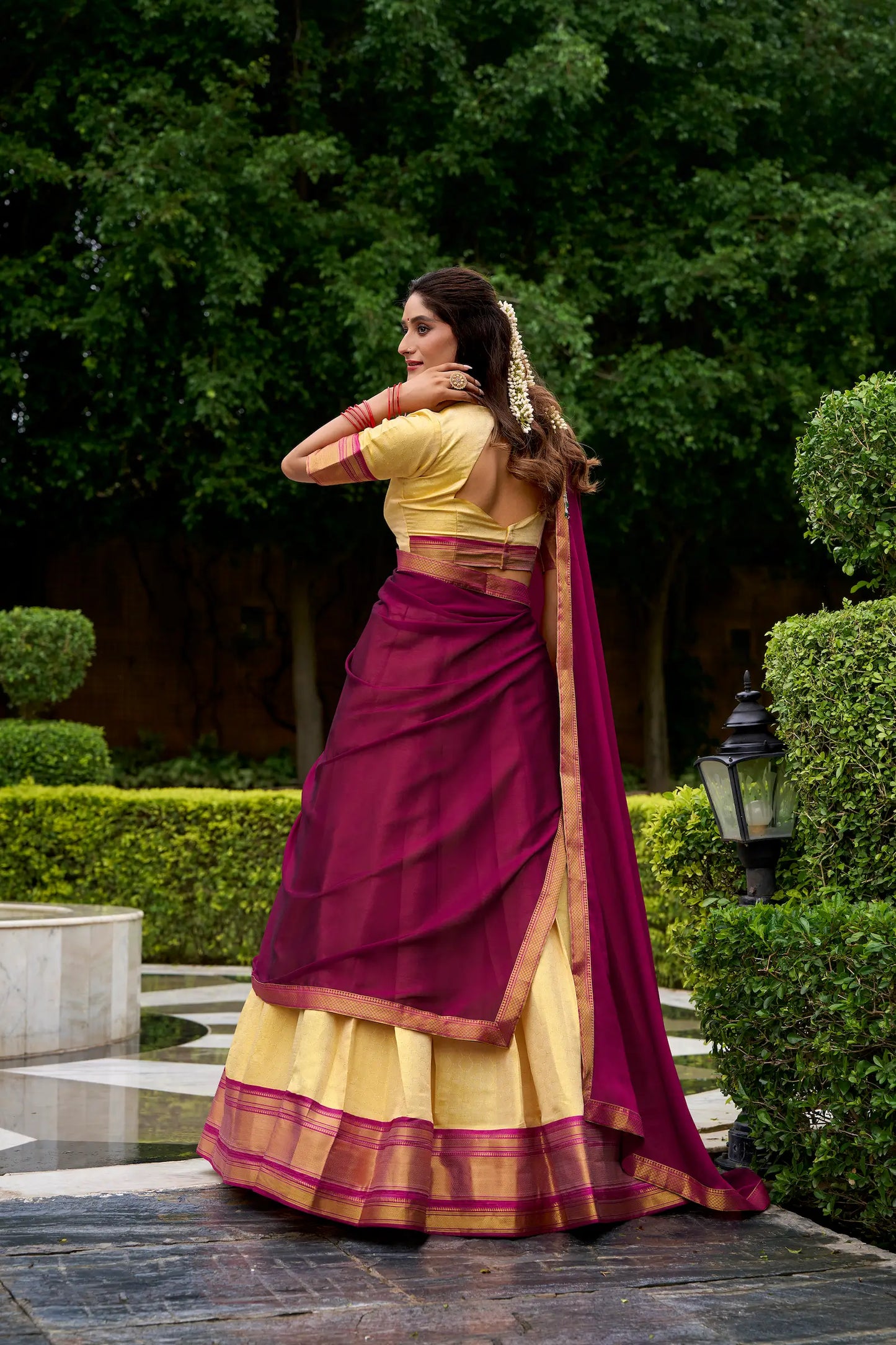 Beige-Dark Pink Zari Weaving Kanchipuram Lehenga Choli