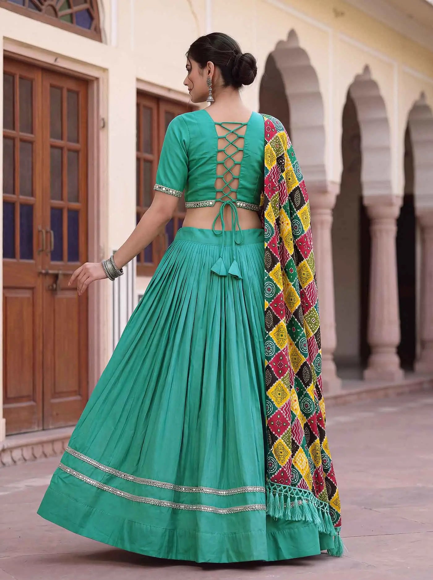 Sea Green Mirror Work Navratri Lehenga Choli