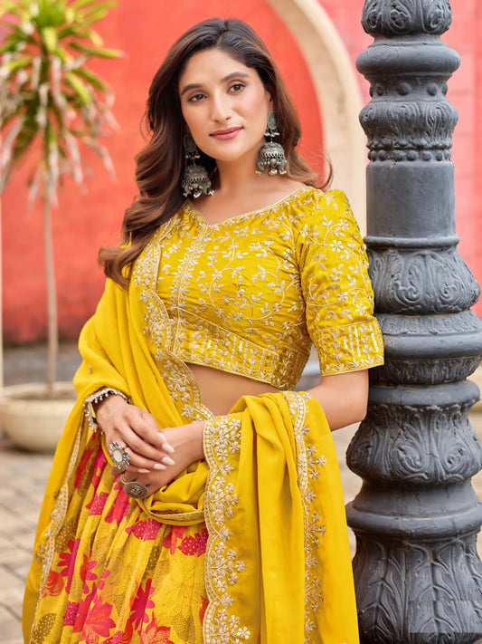 Yellow Taby Silk Floral Print & Embroidery Work Lehenga Choli