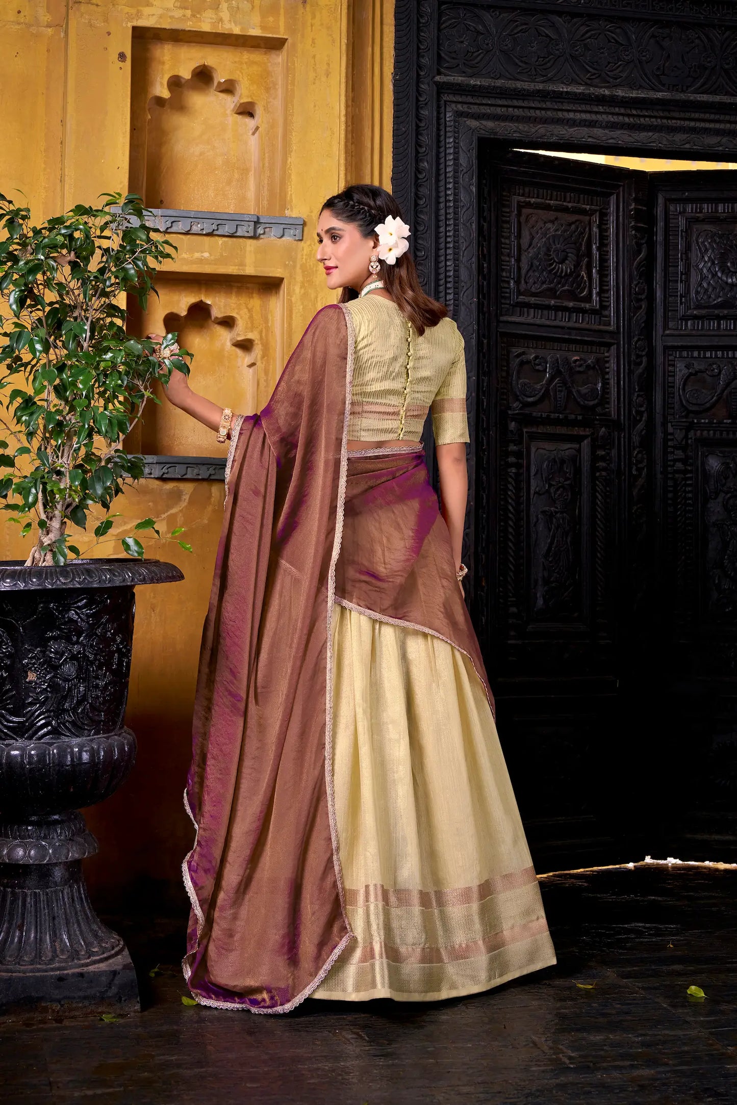 Tan Yellow Dhupian Silk Zari Weaving Lehenga Choli