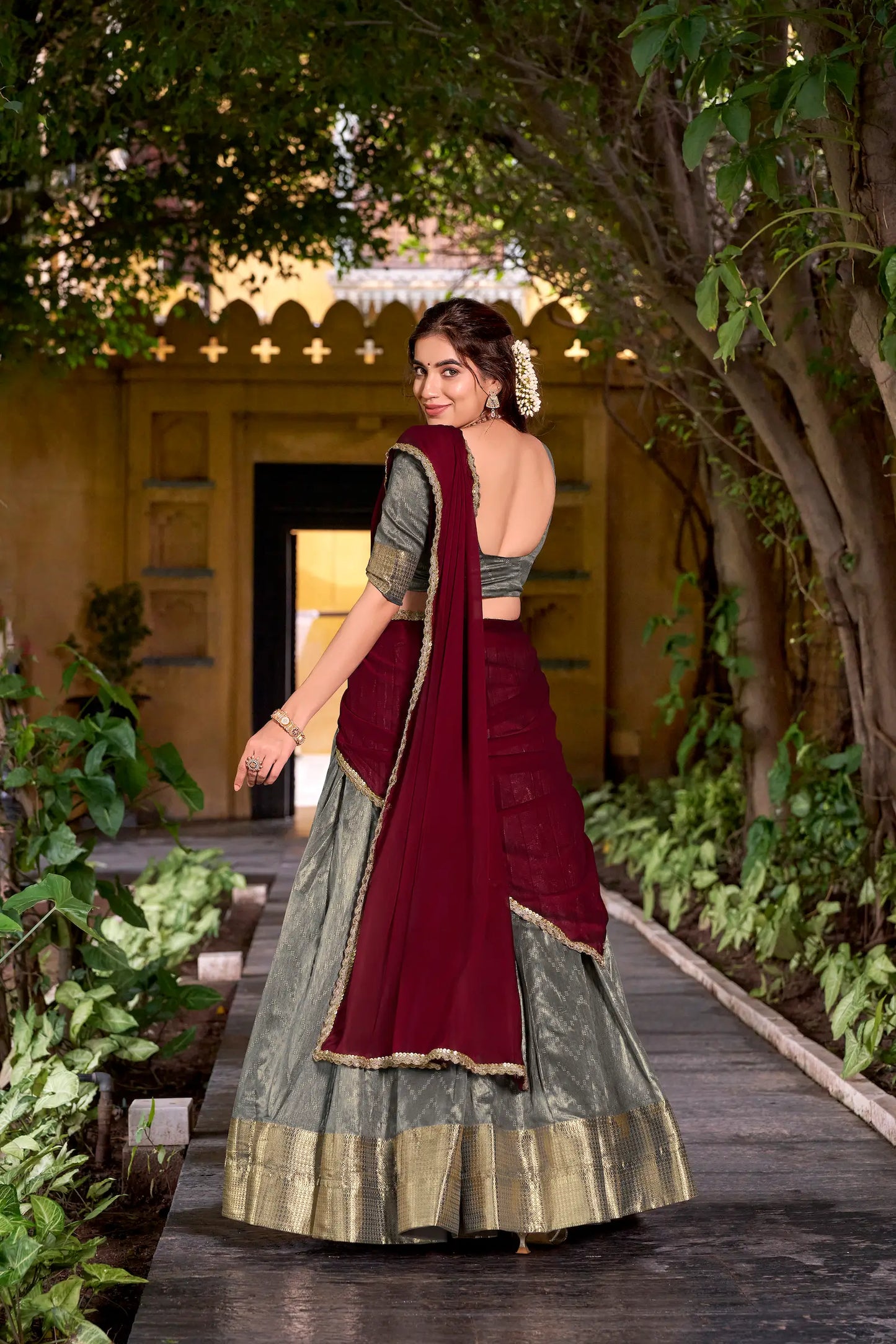 Warm Grey Dhupian Silk Zari Weaving Lehenga Choli