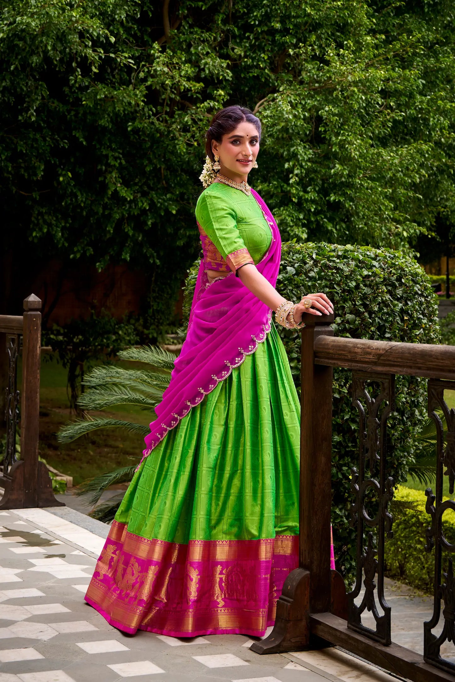 Parrot Green Polly Cotton Zari Weaving Lehenga Choli
