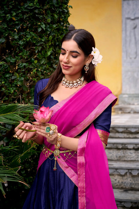 Navy Blue Poly Cotton Zari Weaving Lehenga Choli