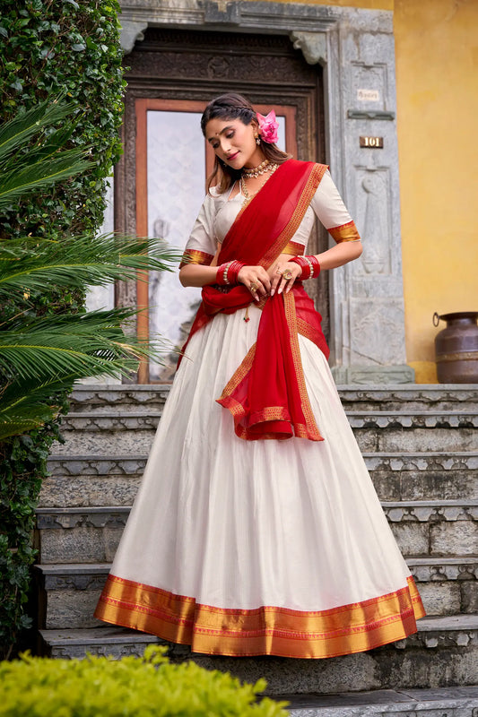 Pearl White Poly Cotton Zari Weaving Lehenga Choli