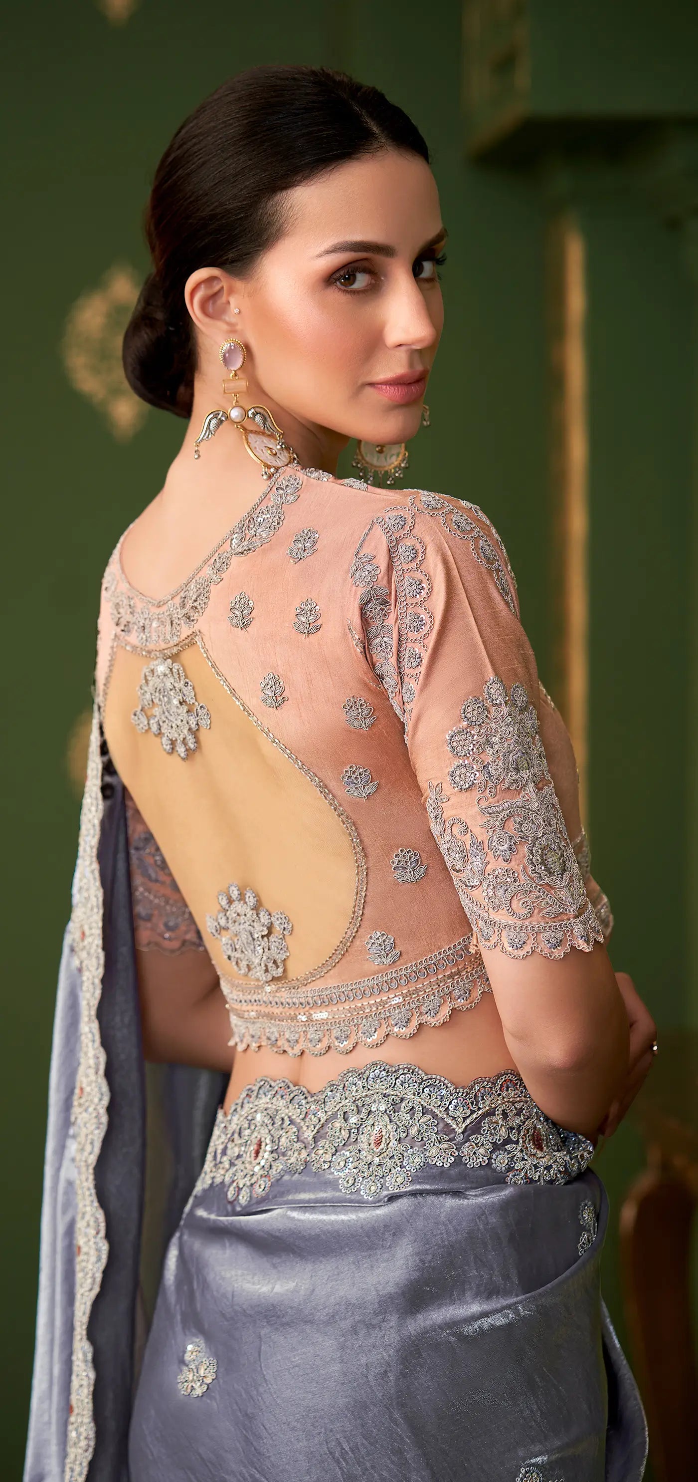 Cool Grey Satin georgette Heavy Embroidery Saree