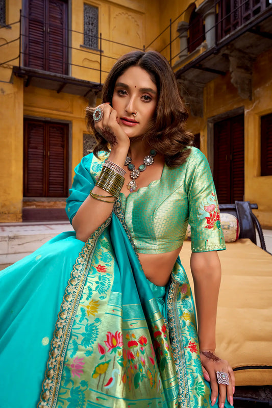 Sea Blue Zari Weaving Paithani Lehenga Choli