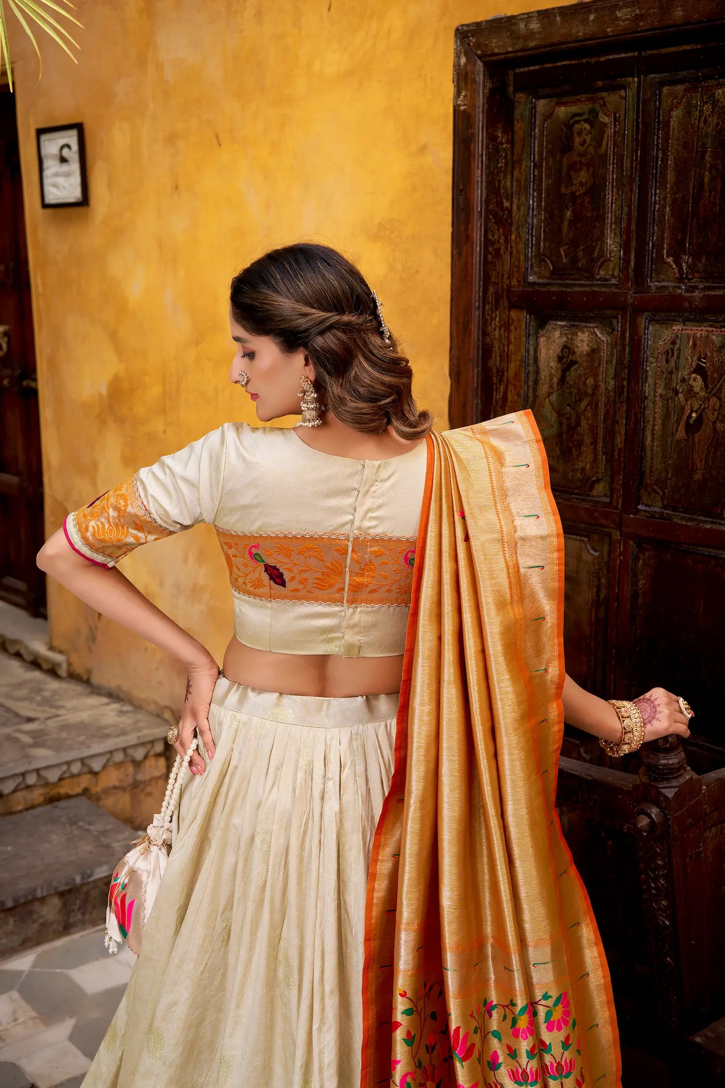 Off White Zari Weaving Paithani Lehenga Choli