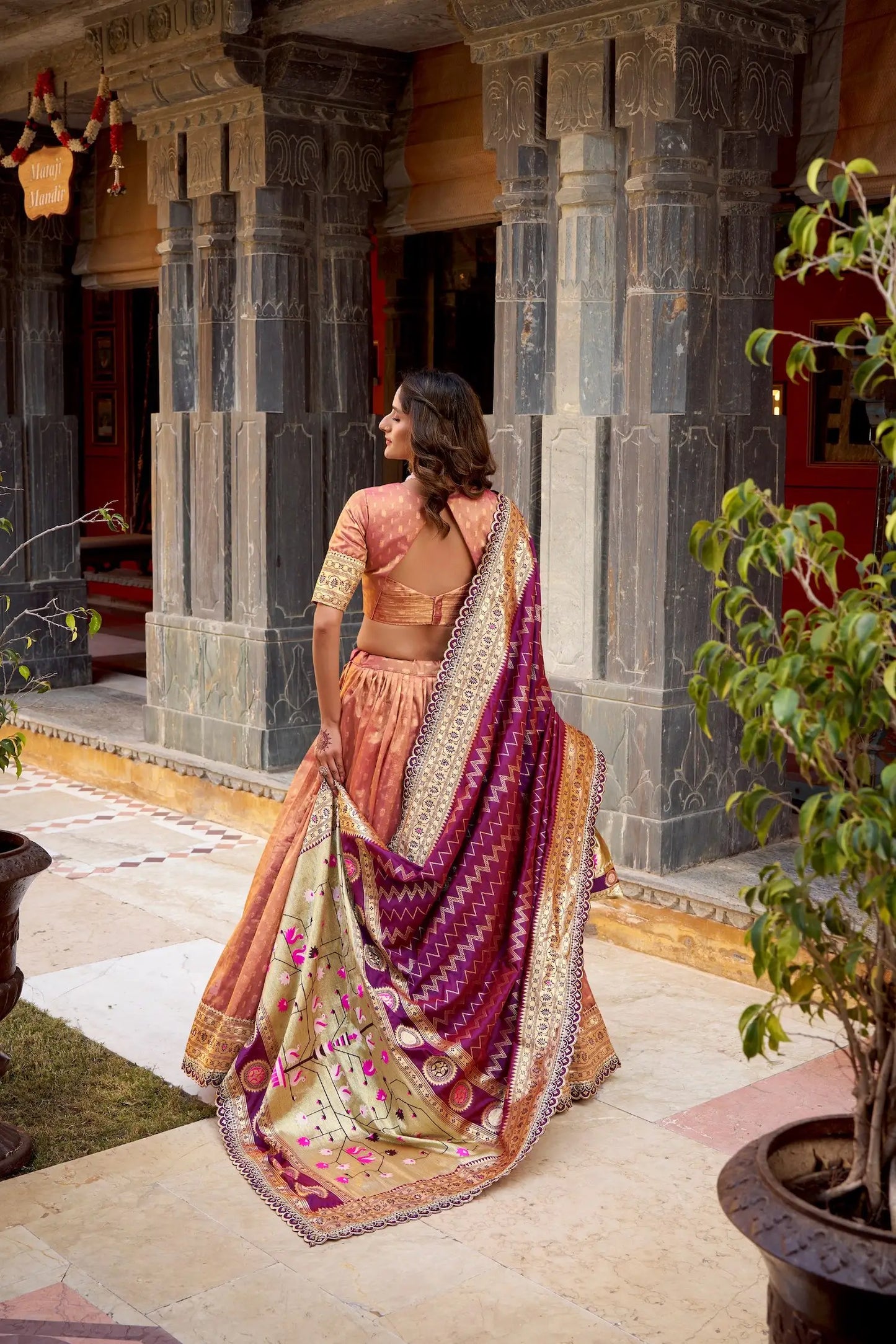Dark Peach Shimmer Paithani Lehenga Choli
