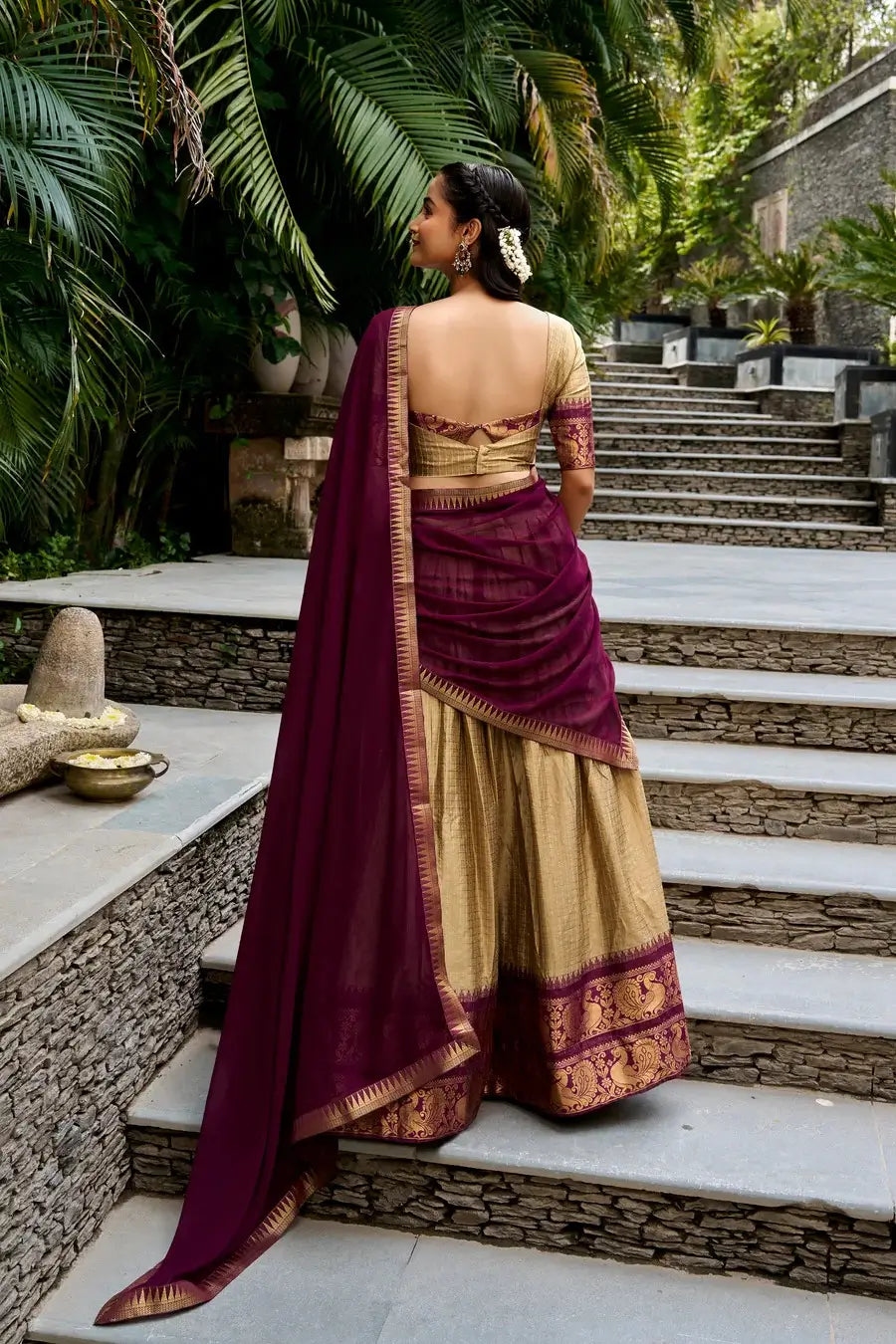 Dark Beige Cotton Half Saree Lehenga