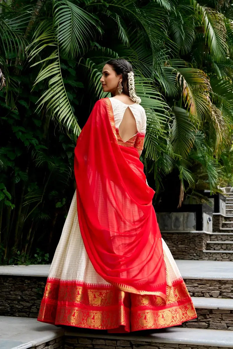 Off White Cotton Half Saree Lehenga