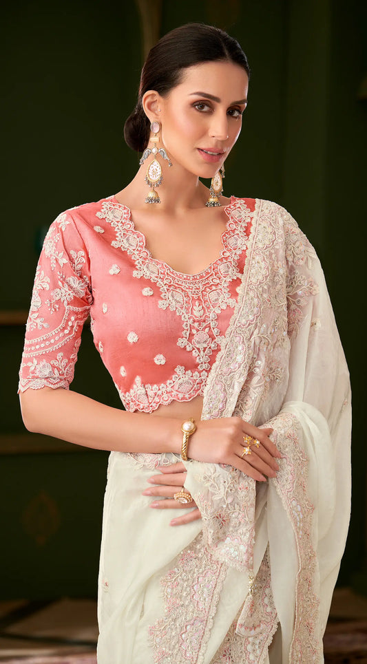 Powder White Silk georgette Heavy Embroidery Saree
