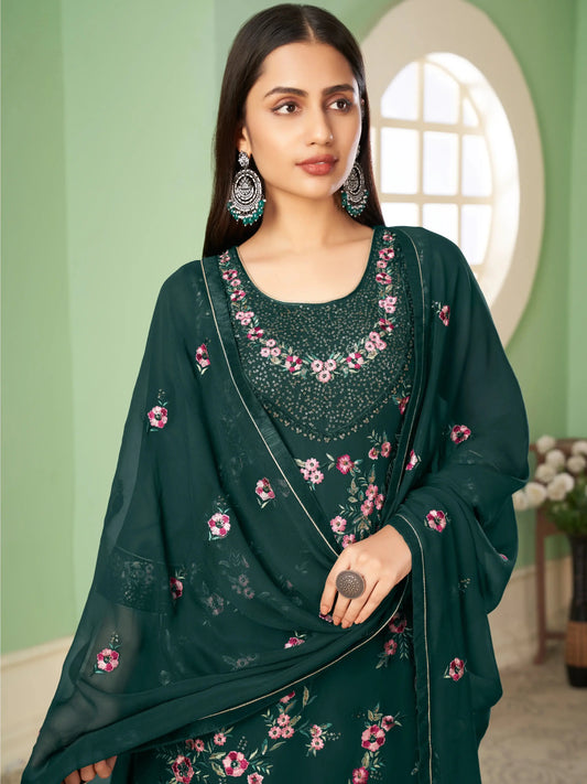 Dark Green Heavy Sequins Embroidery Work Georgette Palazzo Suit