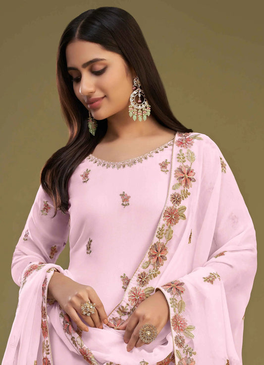 Light Pink Georgette Multi Thread Embroidery Work Sharara Set With Dupatta