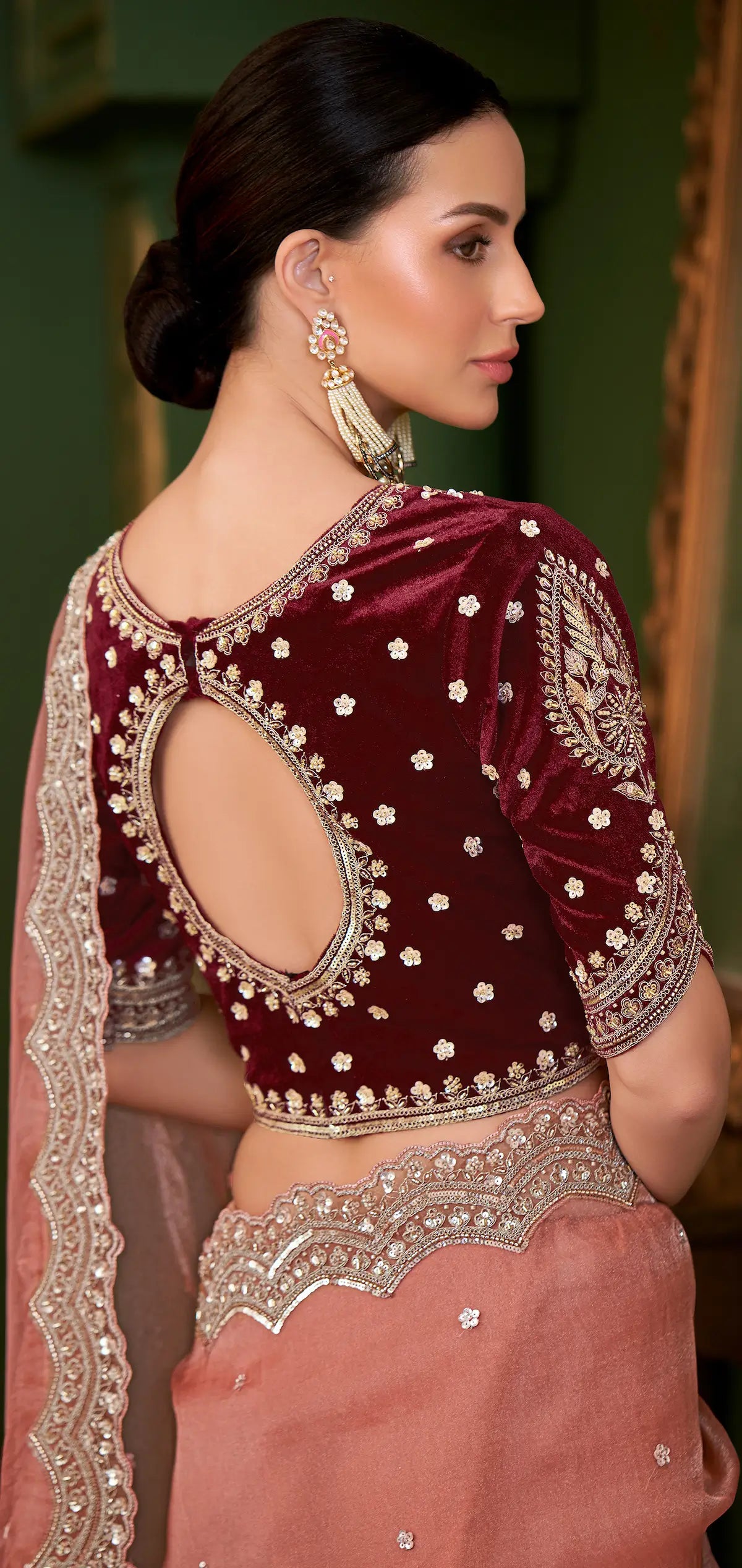 Dark Peach Tissue georgette Heavy Embroidery Saree