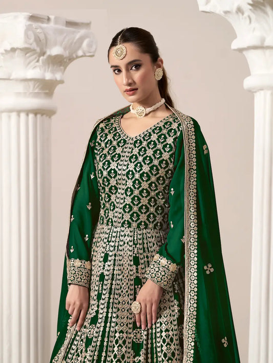 Green Georgette Gown With Sequence & Thread Embroidery Work