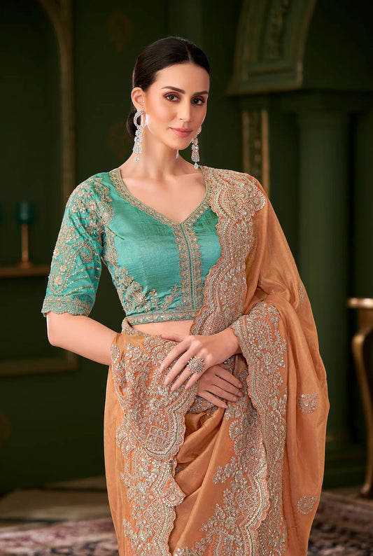 Saffron Orange Viscose georgette Heavy Embroidery Saree